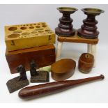 Victorian mahogany work box, pair Art Deco carved Scottie Dog bookends, barrel shaped money box,