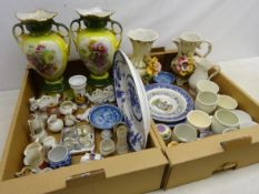 Pair Victorian twin handled vases, crested ware including some local,