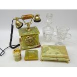 Vintage onyx & brass rotary dial telephone, matching table lighter, ashtray and casket,