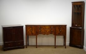 Regency style inlaid mahogany serpentine fronted side table, two drawers flanked by two cupboards,