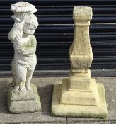 Composite statue of boy holding a floral bouquet (H82cm) and a composite stone tapering pedestal on