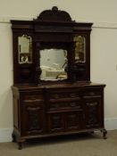 Edwardian walnut breakfront sideboard, raised mirror back, shaped and carved cresting rail,