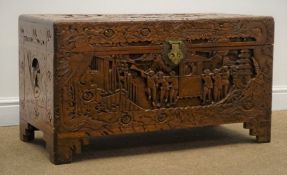 Late 20th century camphor wood blanket box, deep carved with Eastern scenes, hinged lid,