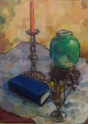 Still Life of Candlestick, Jug, Vase and book,