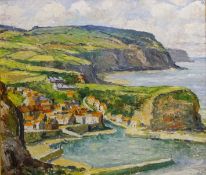 Staithes from the Cliffs, oil on board signed by Ken Johnson,