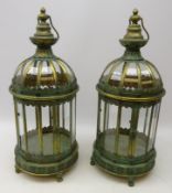 Pair dome top lanterns, twelve sided gilt metal frame with glass panels and swing carry handle,