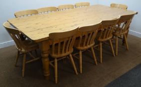 Large rectangular solid pine table, turned supports (W244cm, H79cm,
