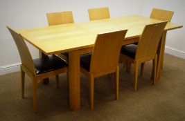Light oak extending dining table, square supports (W120cm, H75cm, D90cm and six curved back chairs,