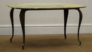 Early 20th century marble top coffee table, brass cabriole legs, W78cm, H40cm,