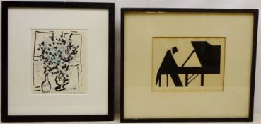Piano Player, stencil painting signed Wolff in pencil 19cm x 26cm and Through the Window,