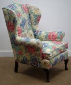 Edwardian wingback armchair, shaped back, upholstered in a Sanderson Mid-Summer Rose fabric,