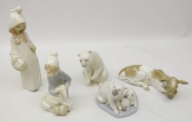 Five pieces of Lladro - Polar Bear no. 1205, Family of Polar Bears no. 5434, Calf no.