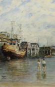 Figures Paddling in the Harbour, watercolour signed by J W Hardy (Late 20th century) 52.