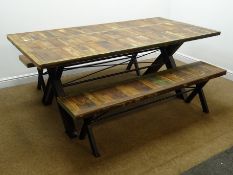 Rectangular rustic planked effect dining table, 'X' metal supports (200cm x 100cm,