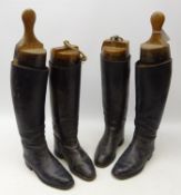 Two pairs of black leather Riding boots with wooden trees (4)