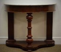 Victorian mahogany demi lune table, marble top , turned front support, solid under tier, bun feet,