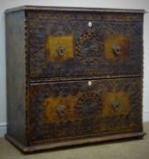 19th century carved stained pine chest, two deep drawers, bun feet, W106cm, H108cm,