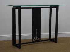 Rectangular glass top console table, metal supports, W110cm, H77cm,