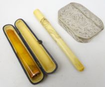 19th century Japanese ivory cheroot holder carved with a Tiger, amber cheroot holder with 9ct mount,