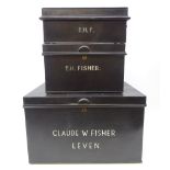 Three black japanned tin deed boxes for Claude W Fisher. Leven and E.H.