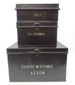 Three black japanned tin deed boxes for Claude W Fisher. Leven and E.H.