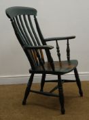 19th century elm farmhouse armchair, shaped cresting rail, turned supports,