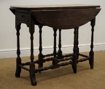 19th century French drop leaf table, two drawers, gate leg turned supports, W105cm, H74cm,
