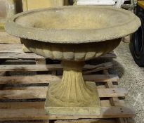 Composite stone bird bath, circular moulded top on tapering support with square base, H46m,