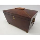 19th Century mahogany and boxwood strung tea caddy, sarcophagus form,