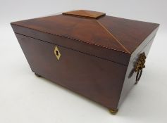 19th Century mahogany and boxwood strung tea caddy, sarcophagus form,