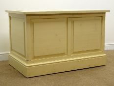 Country house log chest, fielded panels, hinged lid, plinth base on castors, W114cm, H72cm,
