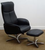 Modern black swivel reclining chair on chrome base (W72cm) with matching stool (2)