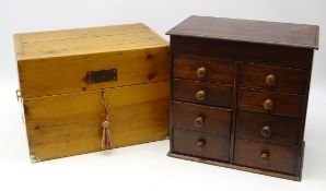 Pine chest, brass handles and mounts with key and lift out tray,