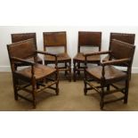 Set six early 20th century oak dining chairs (4+2), studded leather back and seat,