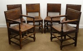 Set six early 20th century oak dining chairs (4+2), studded leather back and seat,