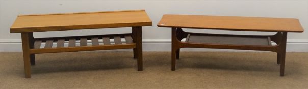 Retro teak coffee table, tapering supports joined by an undertier (W117cm, H41cm,