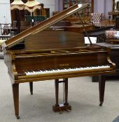 Challen of London mahogany cased cast iron over strung baby grand piano, W145cm, H94cm,