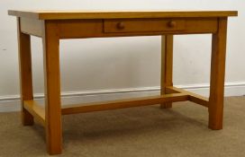 Rectangular pine table, single drawer, square supports, W122cm, H75cm,