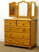 Pine chest, two short three long drawers, bun feet (W89cm, H82cm,