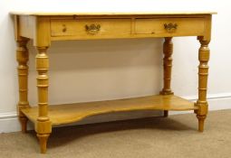 Victorian pine side table two drawers, turned supports joined by single undertier, W115cm, H75cm,