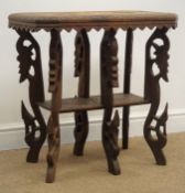 Late 20th century hardwood carved table depicting an elephant and eastern scenes, W67cm, H64cm,