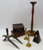 Early 20th century oak smokers stand, pair brass candlesticks, metronome,