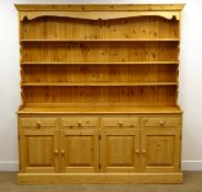 Large pine dresser, projecting cornice,