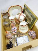 Four Chinese Imari ceramic animals, Aynsley tea set, costume jewellery, three glass shades,