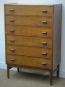 Retro teak chest, six drawers, turned tapering supports, W79cm, H119cm,