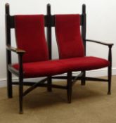 Arts & Crafts elm framed double back settee, upholstered back and seat in a red fabric,