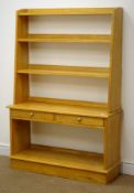 French light oak open bookcase, three shelves above two drawers, plinth base, W95cm, H139cm,