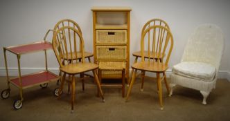 Set four elm seat ercol hoop back chairs (W39cm) a white finish wicker chair, upholstered seat,