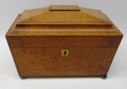 George III burr elm sarcophagus tea caddy, brass escutcheon & feet,