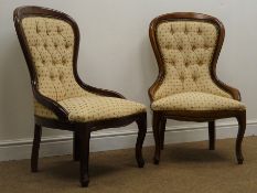 Pair of Victorian style nursing chairs, upholstered buttoned beige back and seat,